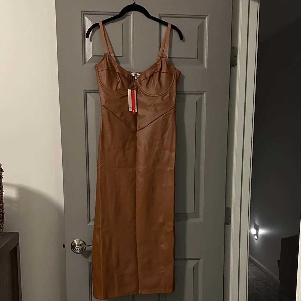 Popilush shapewear faux leather midi dress